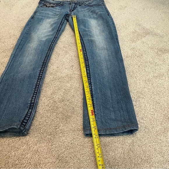 TRUE Religion women's light wash cropped brown embroidered pocket denim jeans 31 - Picture 9 of 10